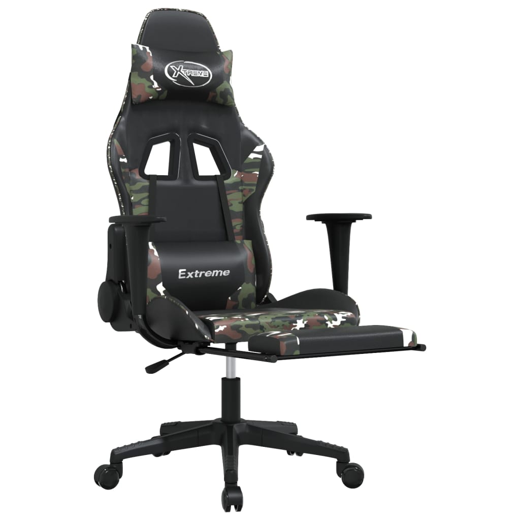 vidaXL Silla gaming masaje reposapiés cuero sintético negro camuflaje