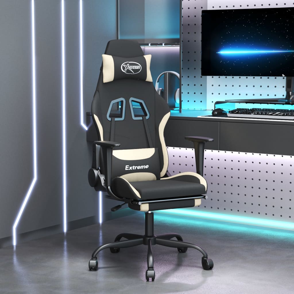 vidaXL Silla gaming de masaje con reposapiés tela negro y crema