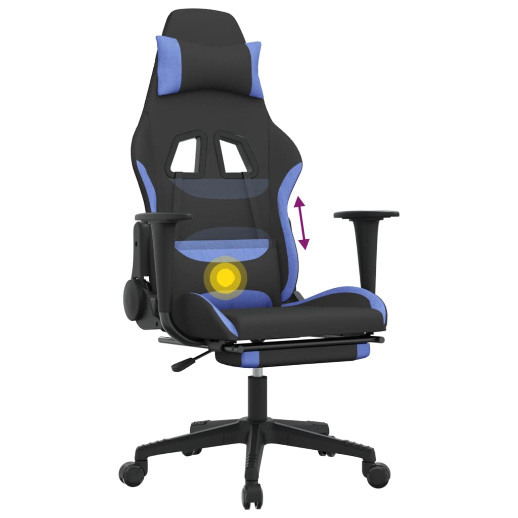 vidaXL Silla gaming de masaje con reposapiés tela negro y azul