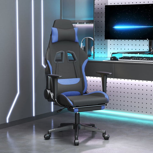 vidaXL Silla gaming de masaje con reposapiés tela negro y azul