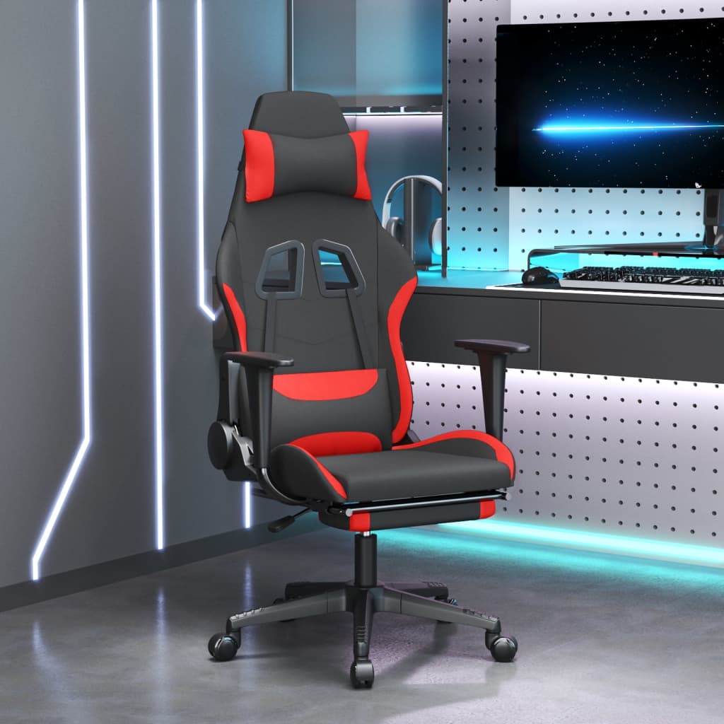 vidaXL Silla gaming de masaje con reposapiés tela negro y rojo