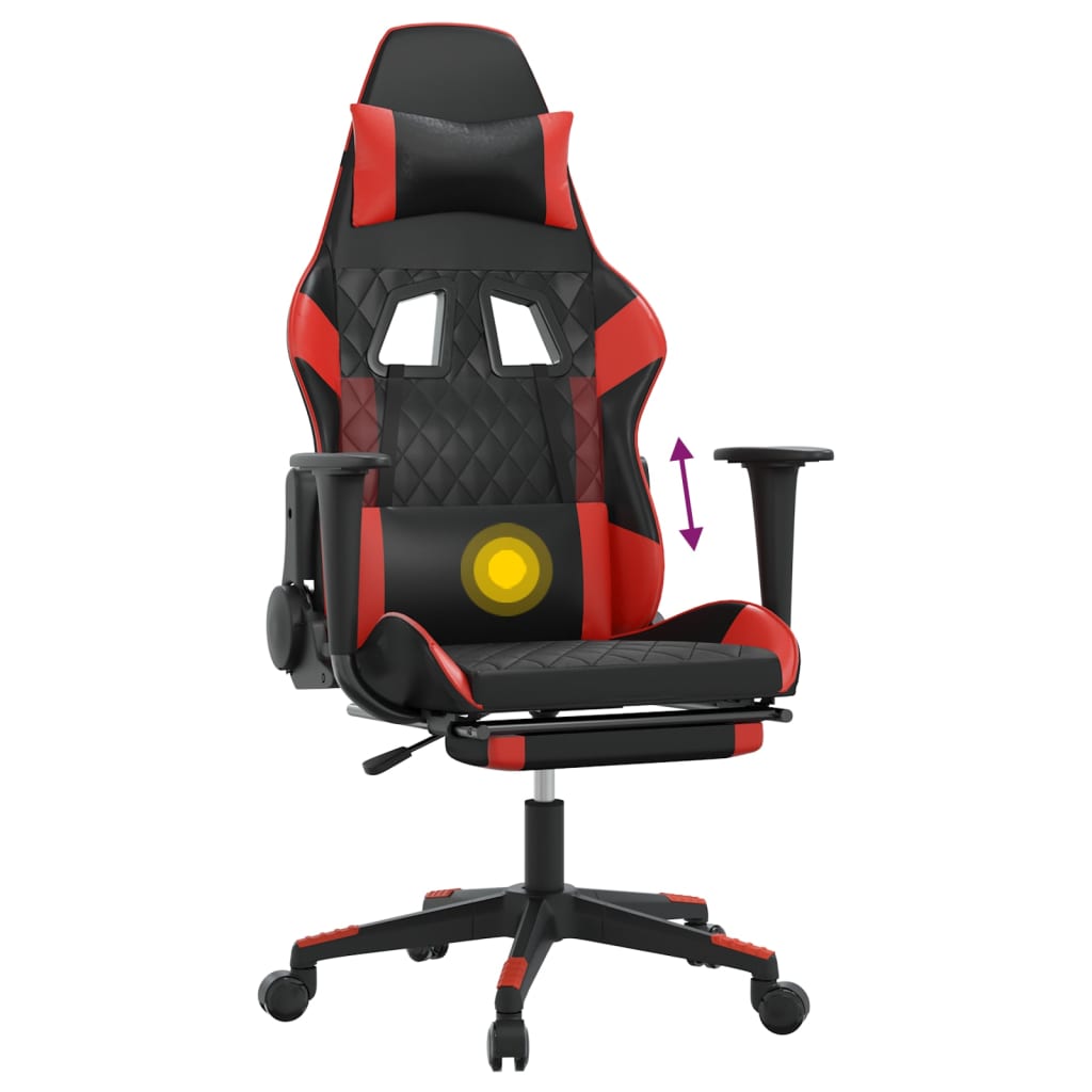 vidaXL Silla gaming de masaje y reposapiés cuero sintético negro rojo