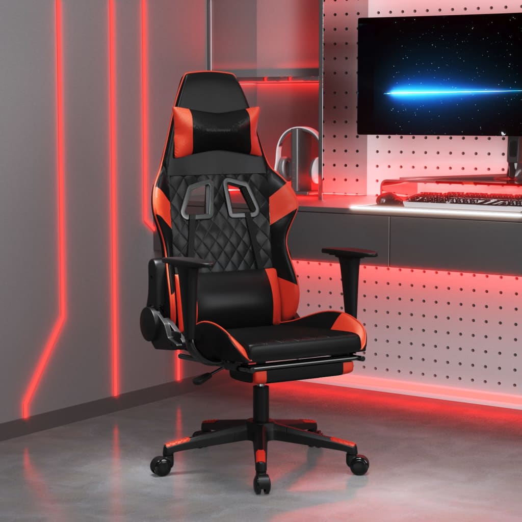 vidaXL Silla gaming de masaje y reposapiés cuero sintético negro rojo