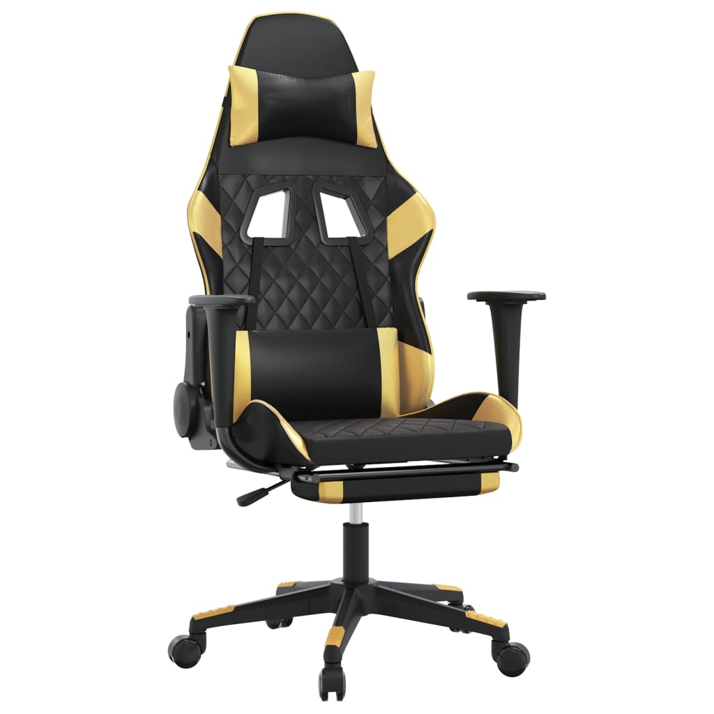 vidaXL Silla gaming masaje y reposapiés cuero sintético negro dorado