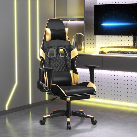 vidaXL Silla gaming masaje y reposapiés cuero sintético negro dorado