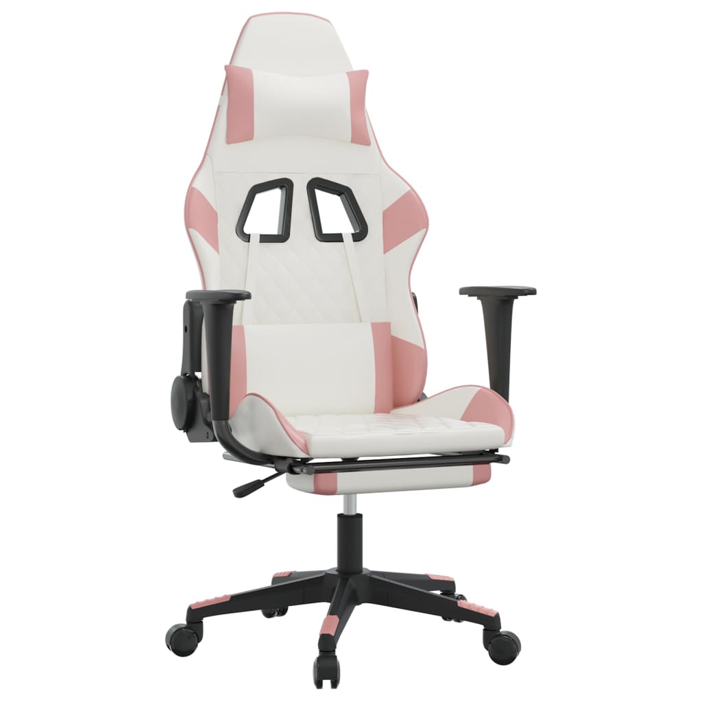 vidaXL Silla gaming masaje y reposapiés cuero sintético blanco y rosa