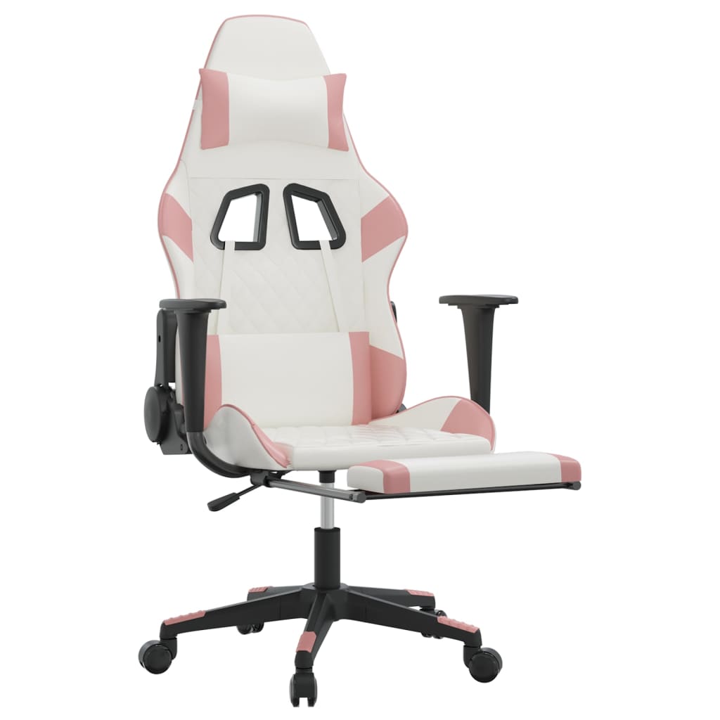 vidaXL Silla gaming masaje y reposapiés cuero sintético blanco y rosa