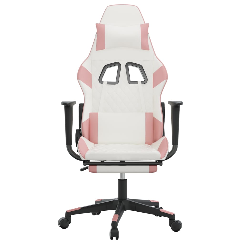 vidaXL Silla gaming masaje y reposapiés cuero sintético blanco y rosa