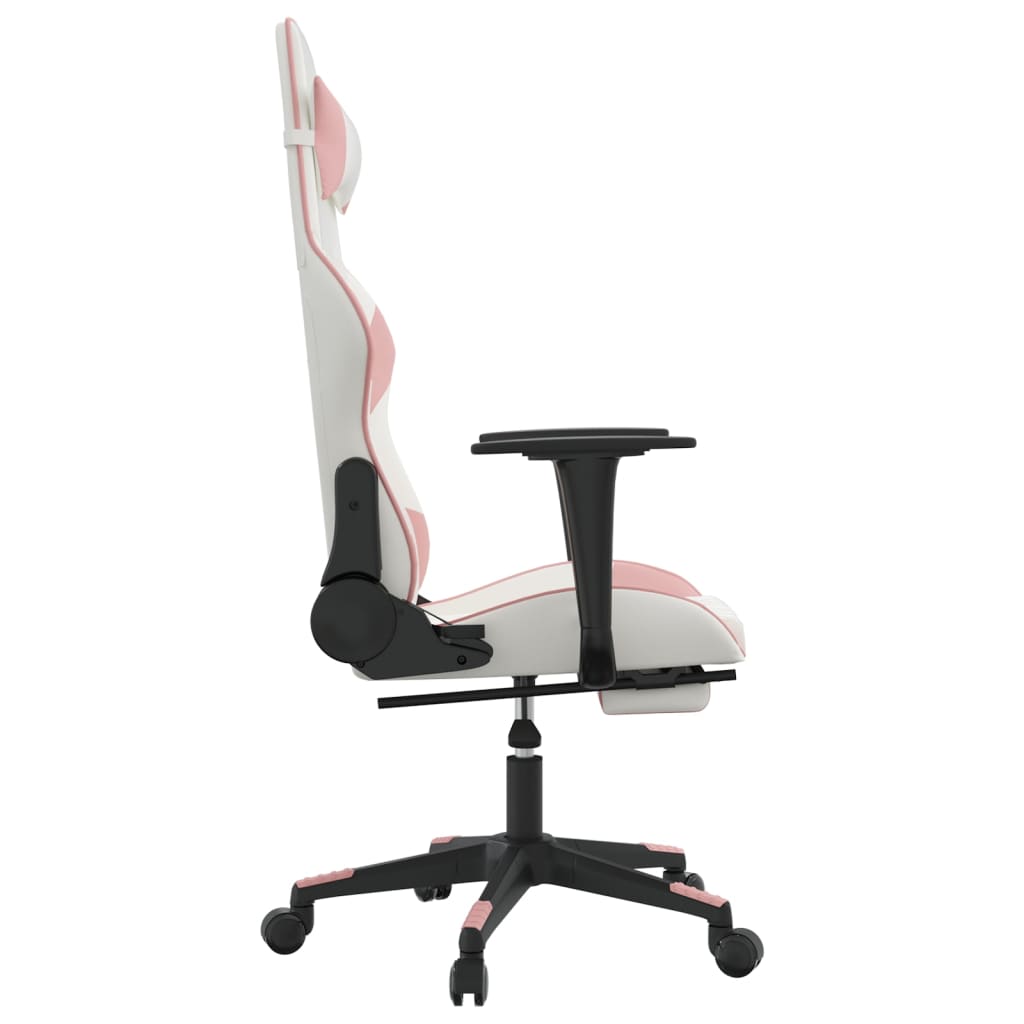 vidaXL Silla gaming masaje y reposapiés cuero sintético blanco y rosa