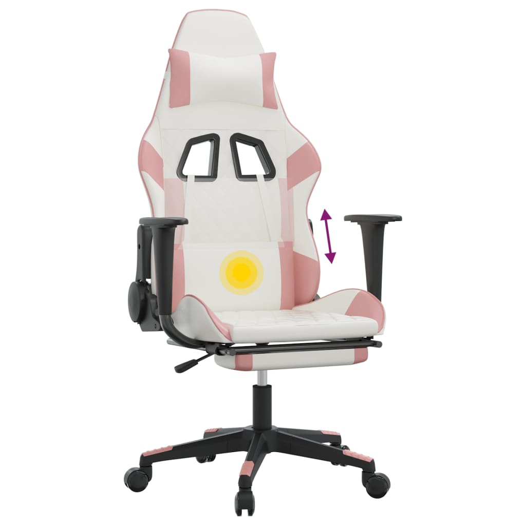 vidaXL Silla gaming masaje y reposapiés cuero sintético blanco y rosa