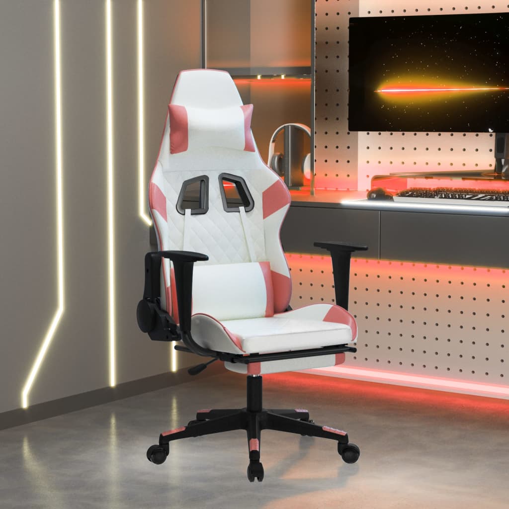 vidaXL Silla gaming masaje y reposapiés cuero sintético blanco y rosa