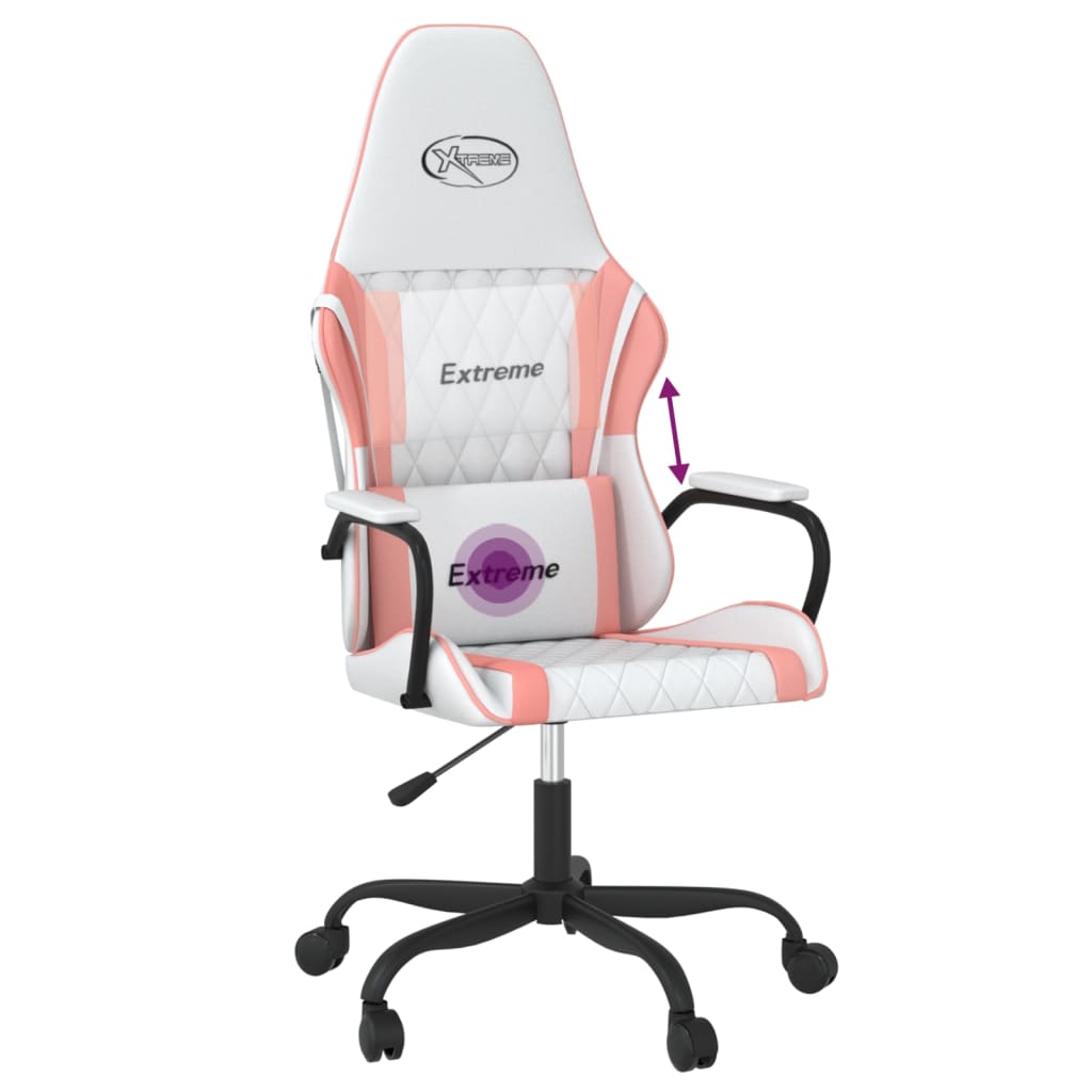 vidaXL Silla gaming de masaje cuero sintético blanco y rosa