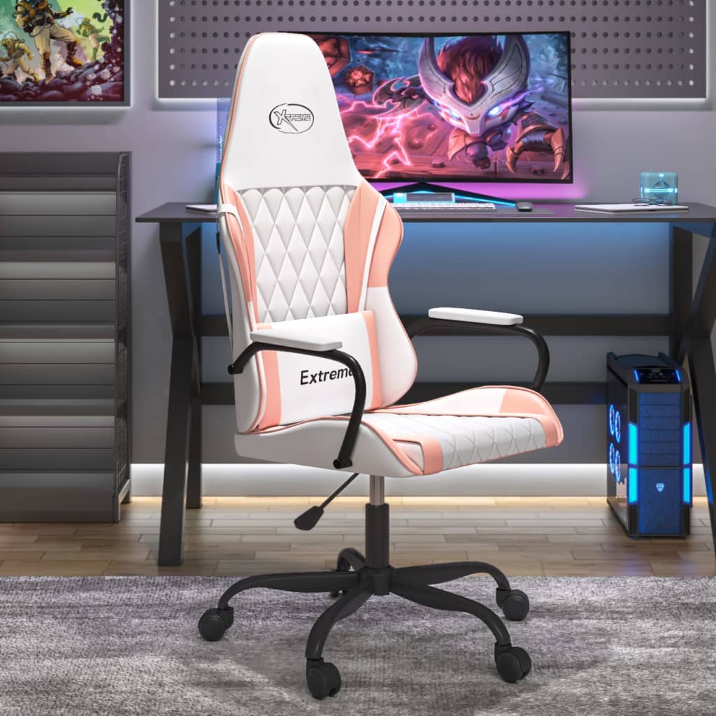 vidaXL Silla gaming de masaje cuero sintético blanco y rosa