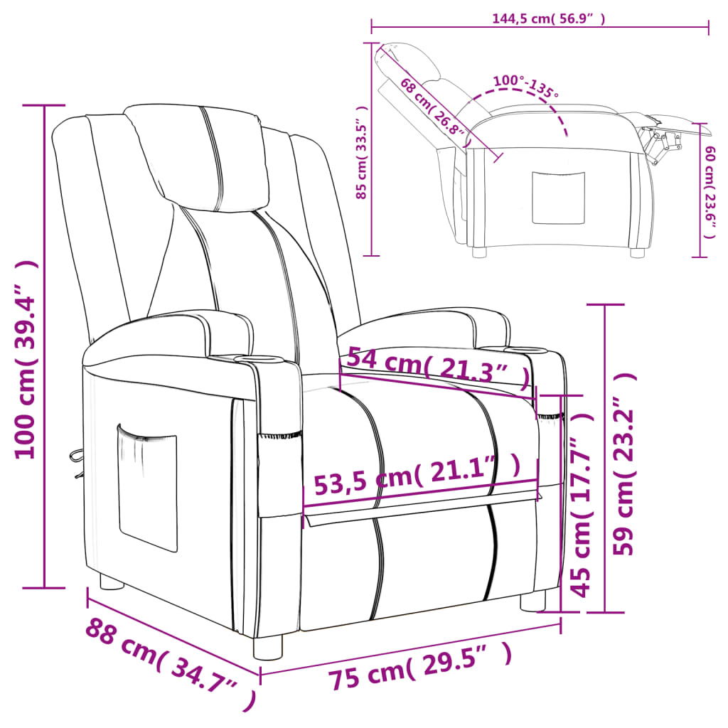 vidaXL Sillón reclinable de cuero sintético marrón