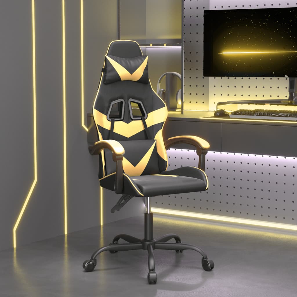 vidaXL Silla gaming giratoria cuero sintético negro y dorado