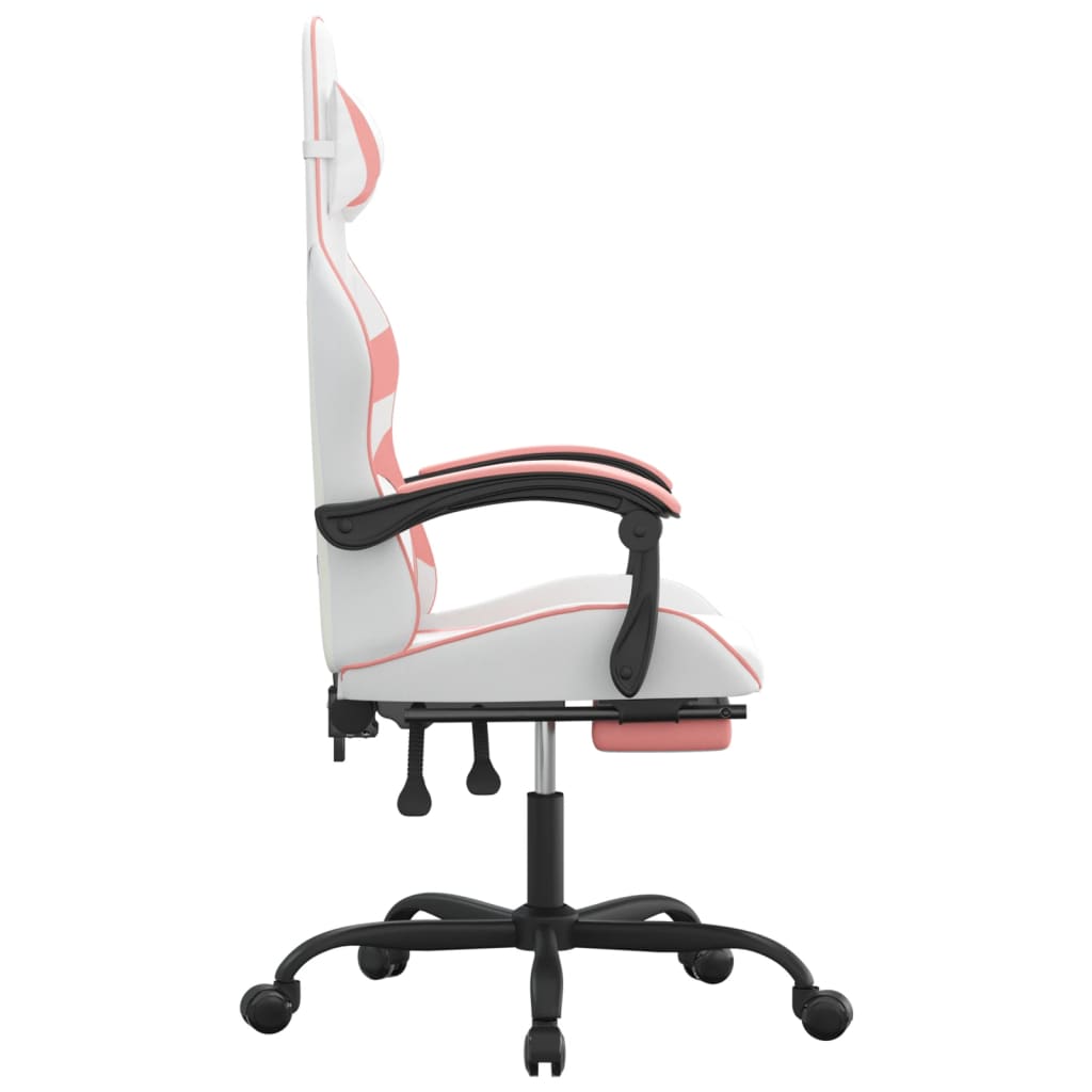 vidaXL Silla gaming giratoria y reposapiés cuero sintético blanco rosa