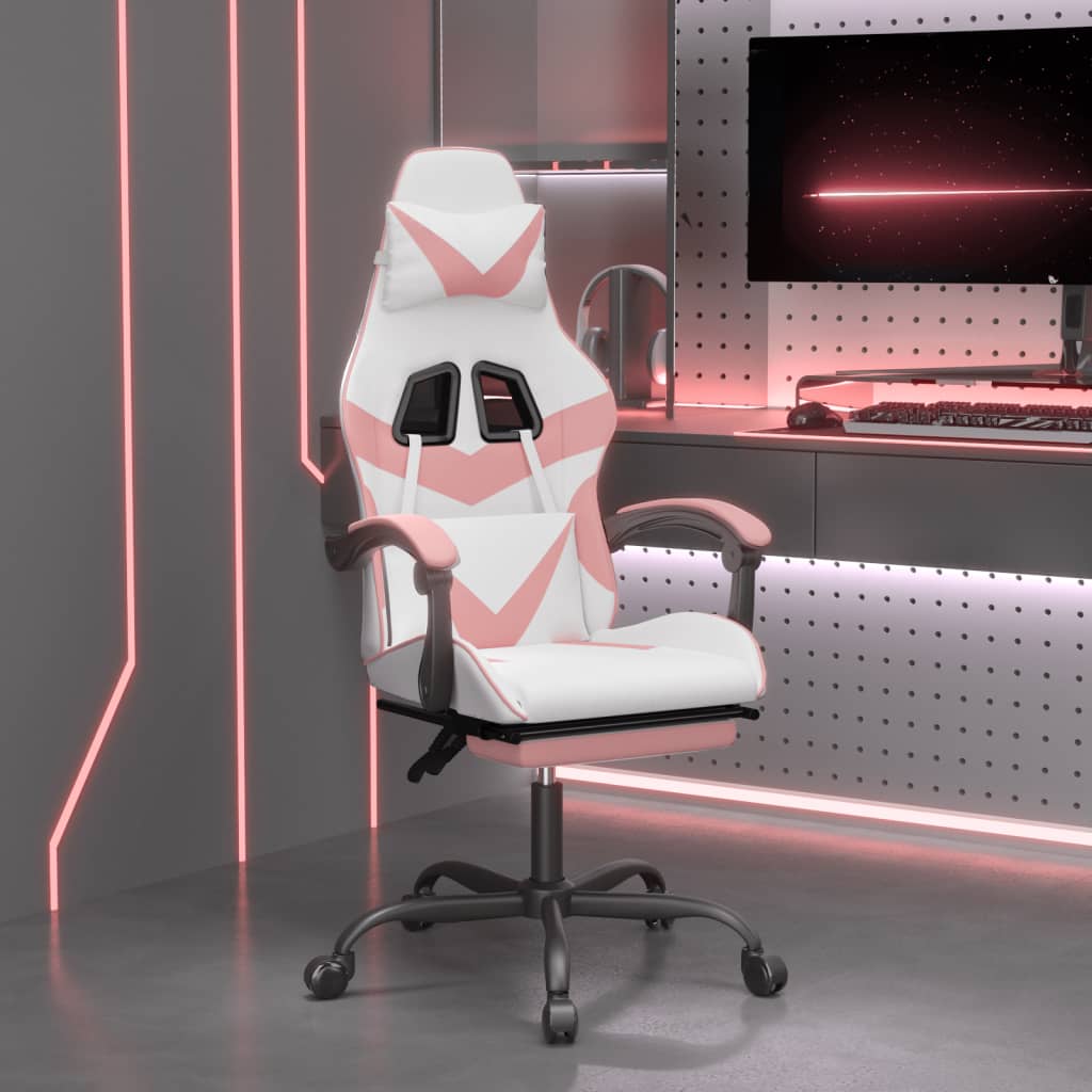 vidaXL Silla gaming giratoria y reposapiés cuero sintético blanco rosa