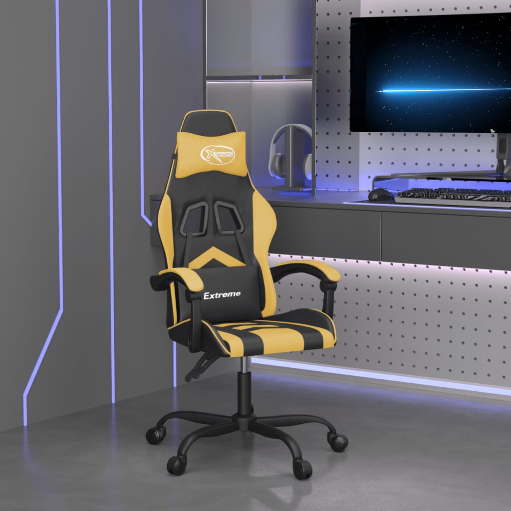 vidaXL Silla gaming giratoria cuero sintético negro y dorado