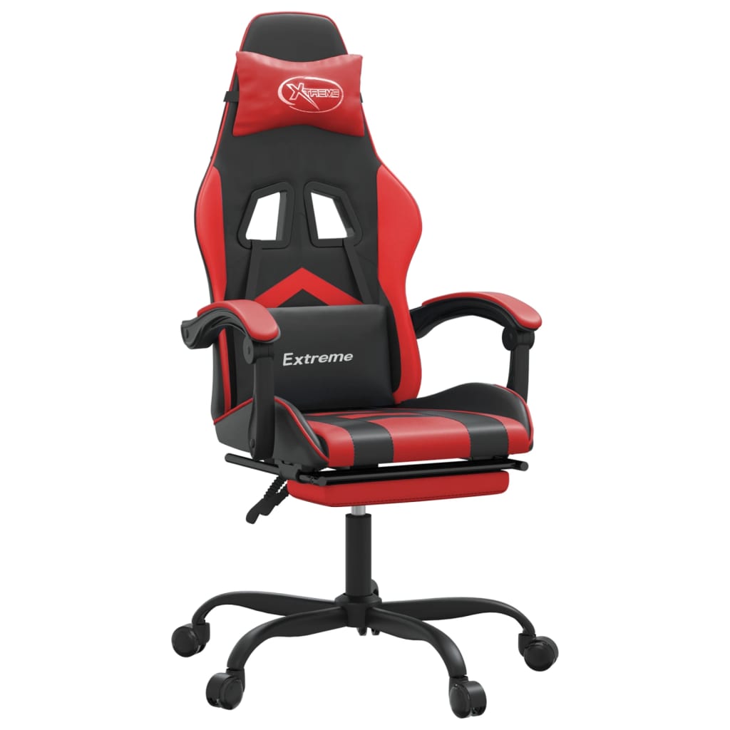 vidaXL Silla gaming giratoria y reposapiés cuero sintético negro rojo