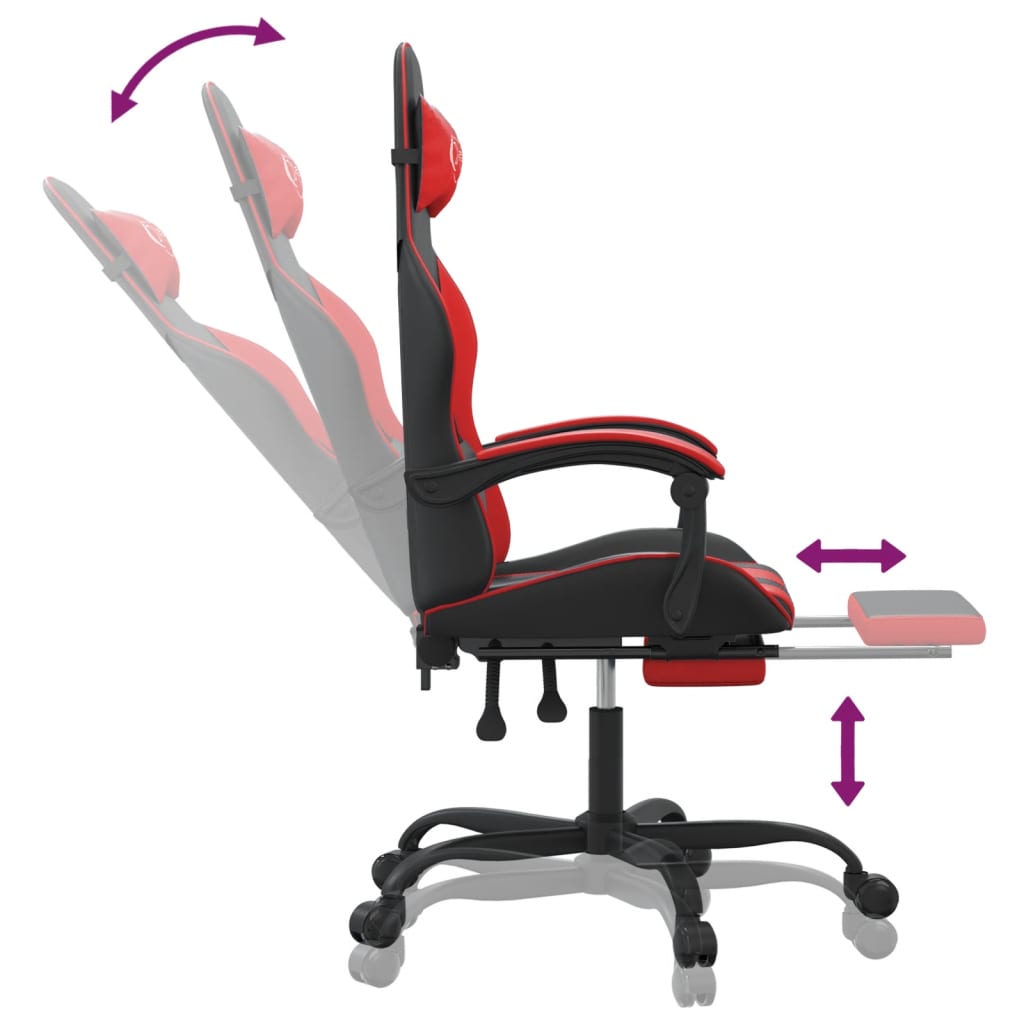 vidaXL Silla gaming giratoria y reposapiés cuero sintético negro rojo