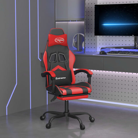 vidaXL Silla gaming giratoria y reposapiés cuero sintético negro rojo