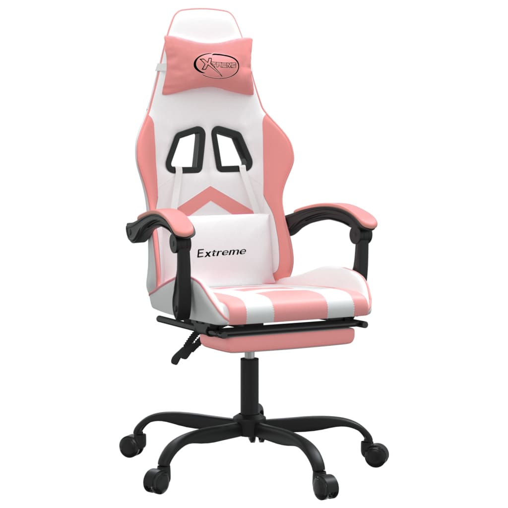 vidaXL Silla gaming giratoria y reposapiés cuero sintético blanco rosa