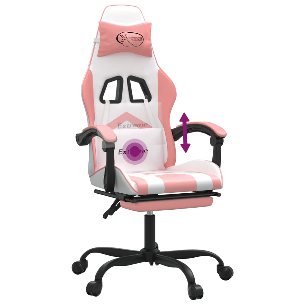 vidaXL Silla gaming giratoria y reposapiés cuero sintético blanco rosa