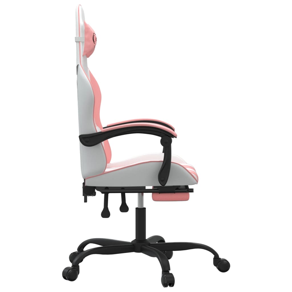 vidaXL Silla gaming giratoria y reposapiés cuero sintético blanco rosa