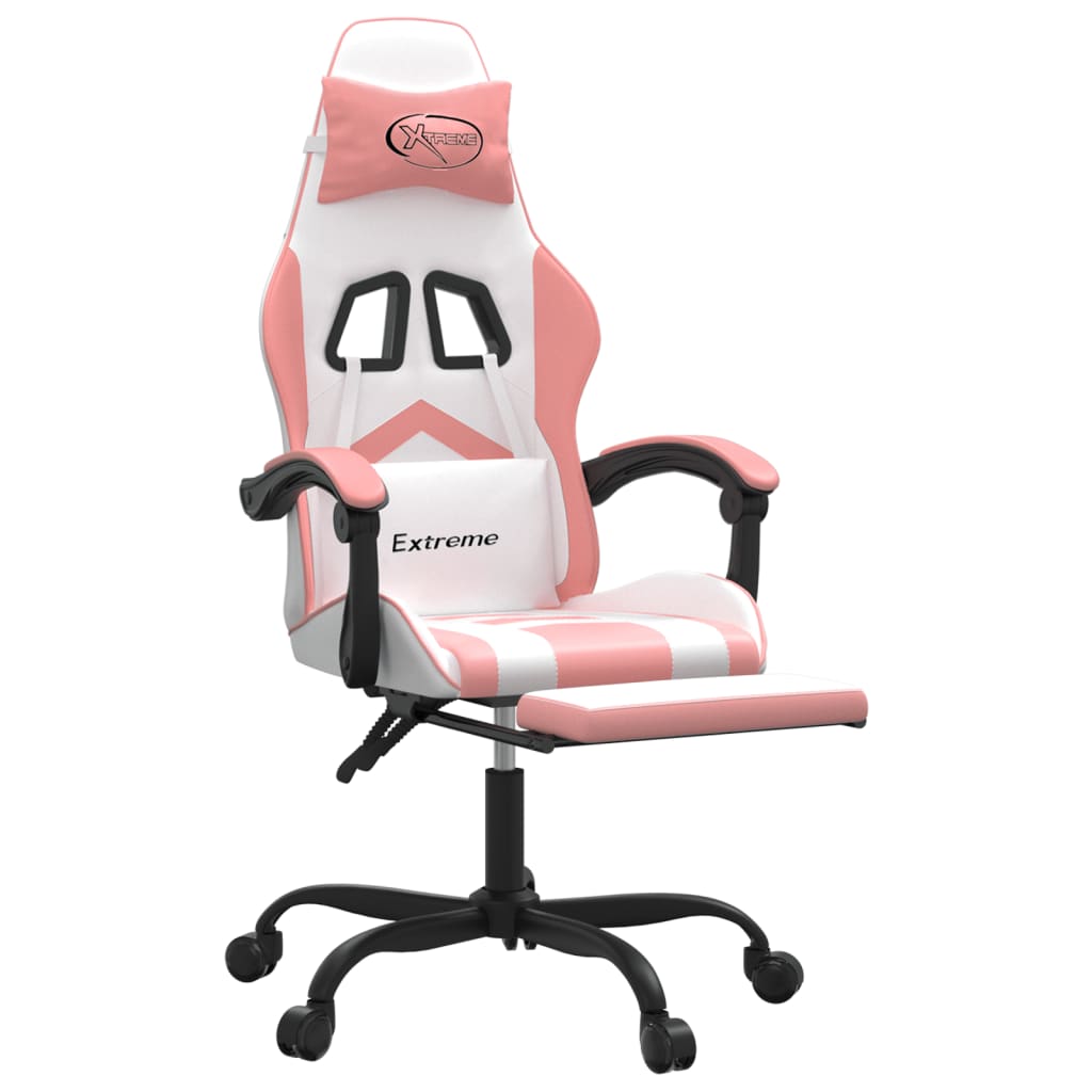 vidaXL Silla gaming giratoria y reposapiés cuero sintético blanco rosa