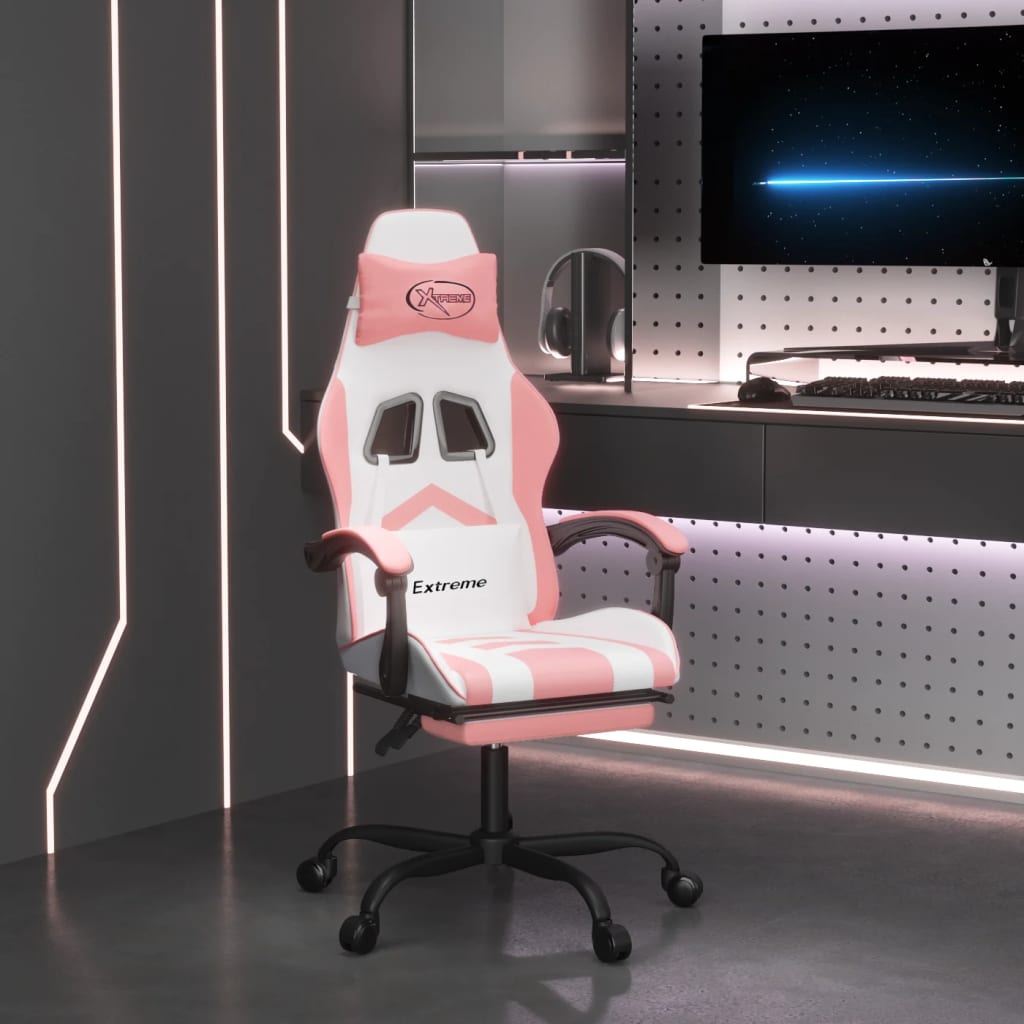 vidaXL Silla gaming giratoria y reposapiés cuero sintético blanco rosa