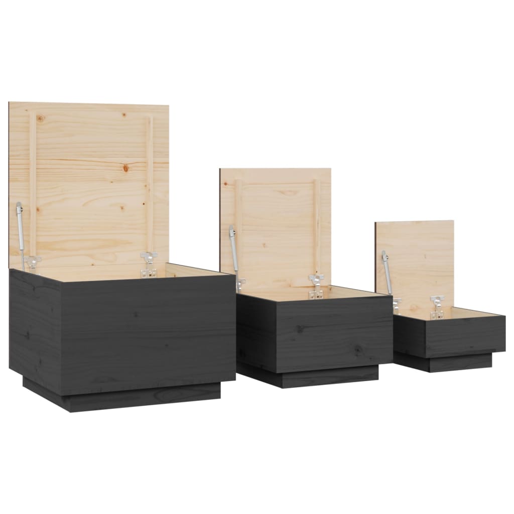 vidaXL Cajas de almacenaje con tapa 3 pzas madera maciza pino gris