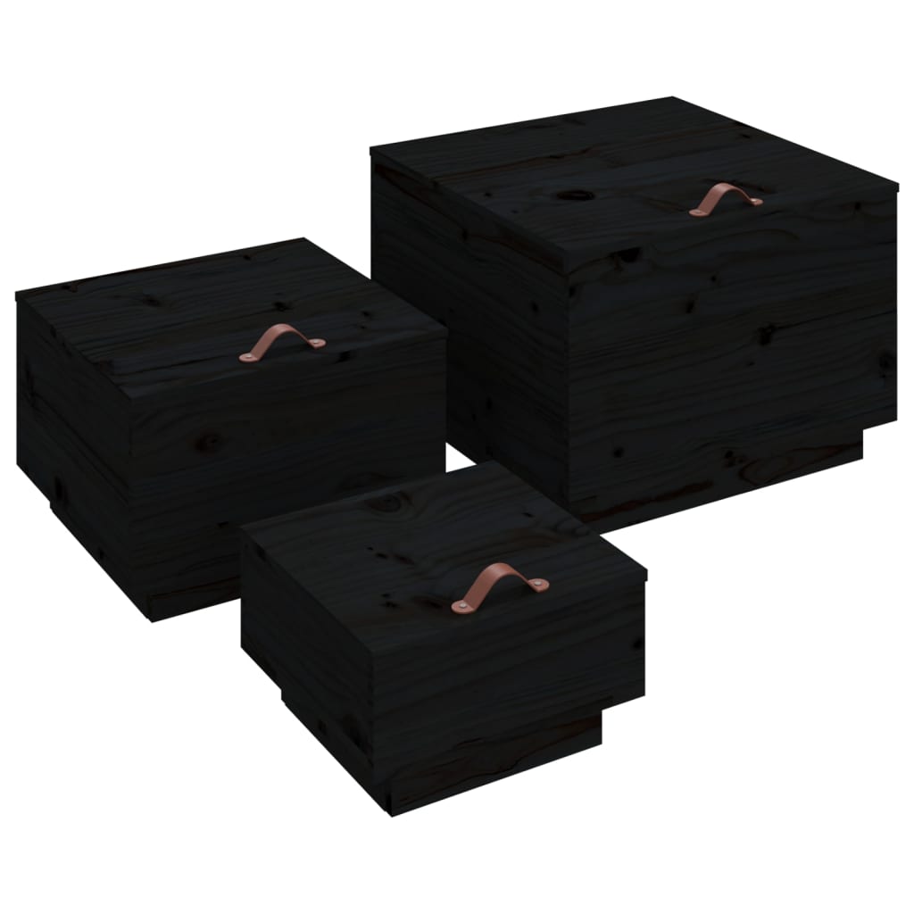 vidaXL Cajas de almacenaje con tapa 3 pzas madera maciza pino negro