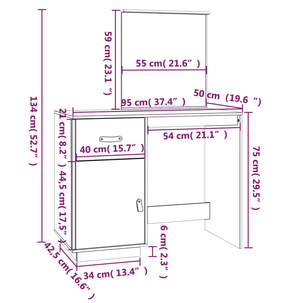 vidaXL Mesa tocador de madera maciza de pino marrón miel 95x50x134 cm