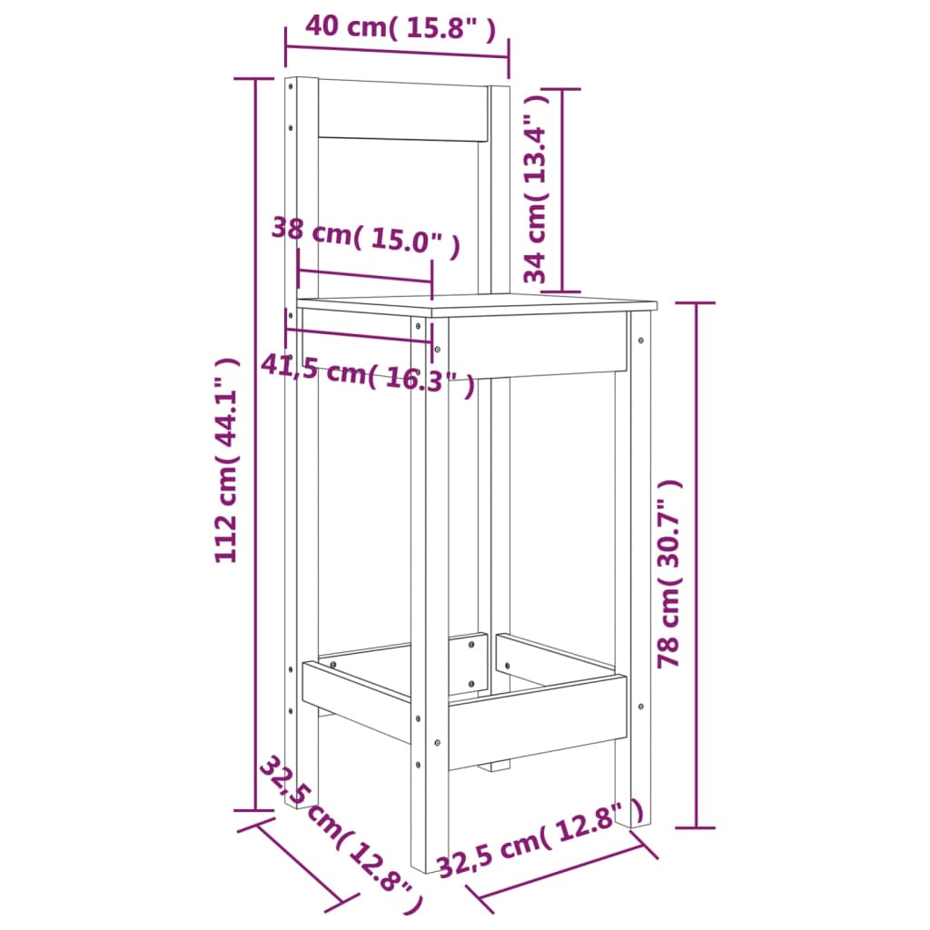 vidaXL Taburetes altos 2 uds madera maciza pino negro 40x41,5x112 cm