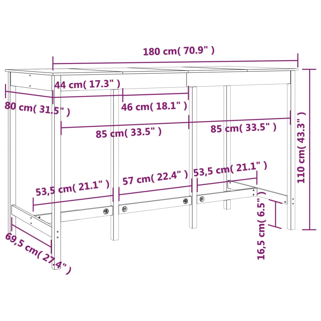 vidaXL Mesa alta de bar madera maciza pino marrón miel 180x80x110 cm