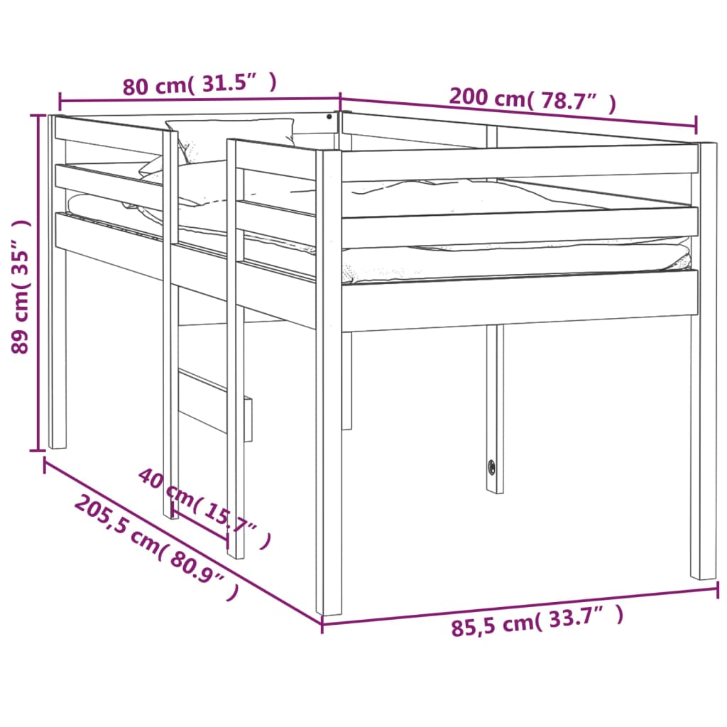 vidaXL Cama alta blanca madera maciza pino 80x200 cm