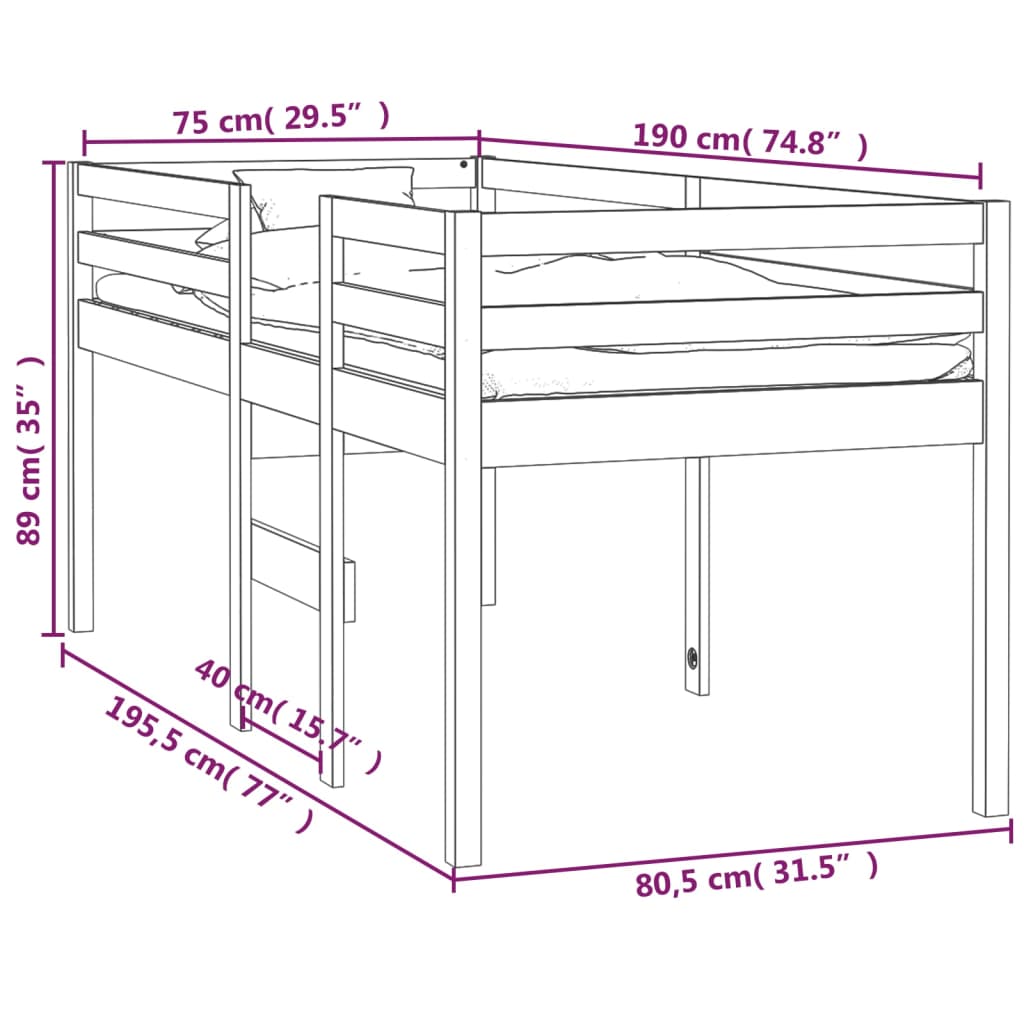 vidaXL Cama alta madera maciza de pino 75x190 cm