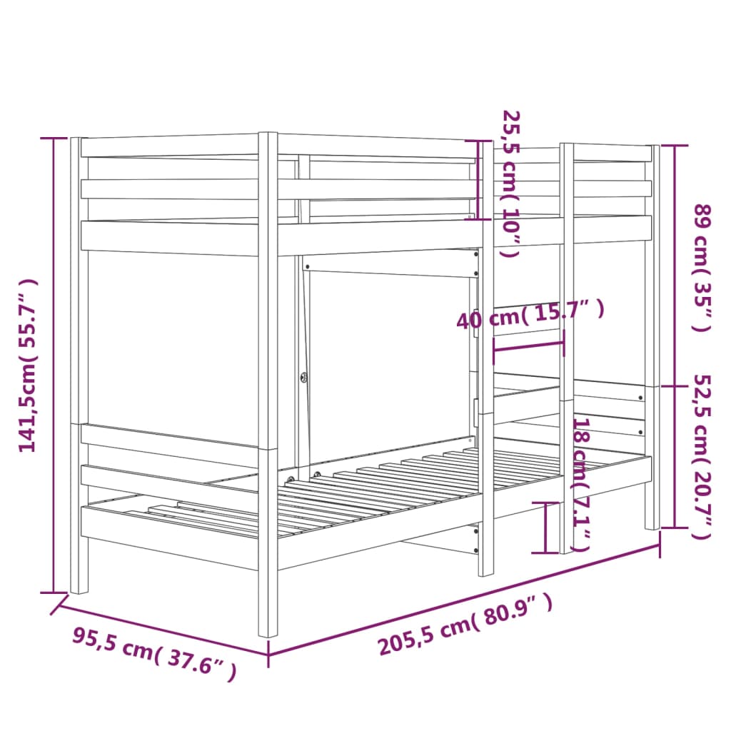 vidaXL Cama litera sin colchón madera maciza de pino 90x200 cm