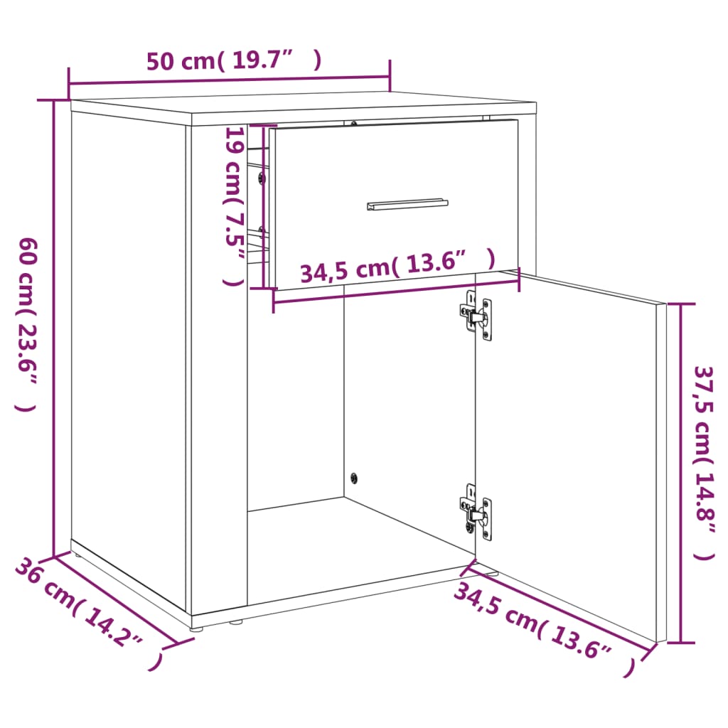 vidaXL Mesita de noche madera contrachapada gris hormigón 50x36x60 cm