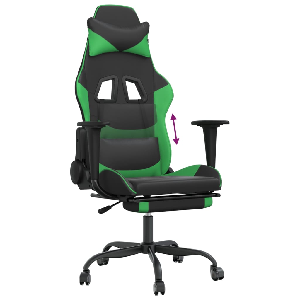 vidaXL Silla gaming con reposapiés cuero sintético negro verde