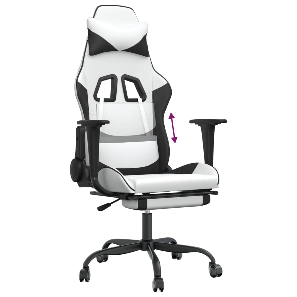 vidaXL Silla gaming con reposapiés cuero sintético blanco negro