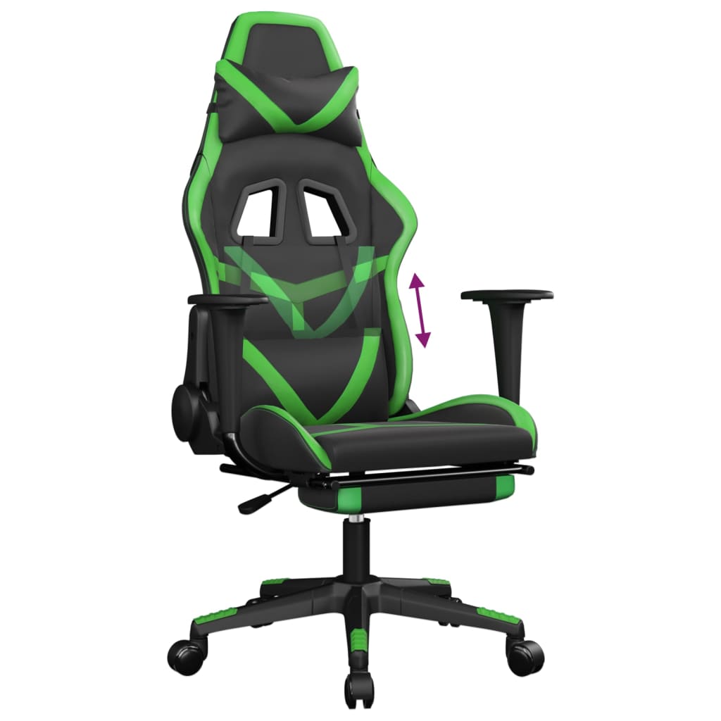 vidaXL Silla gaming con reposapiés cuero sintético negro verde