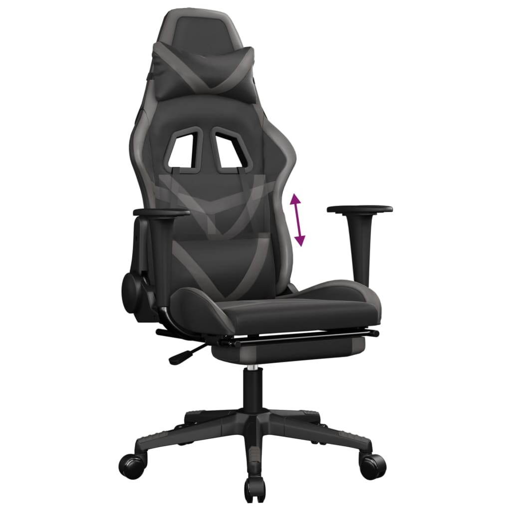 vidaXL Silla gaming con reposapiés cuero sintético negro gris