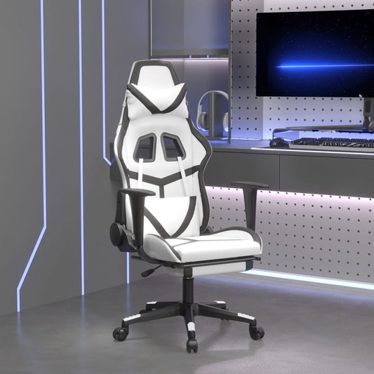 vidaXL Silla gaming con reposapiés cuero sintético blanco negro