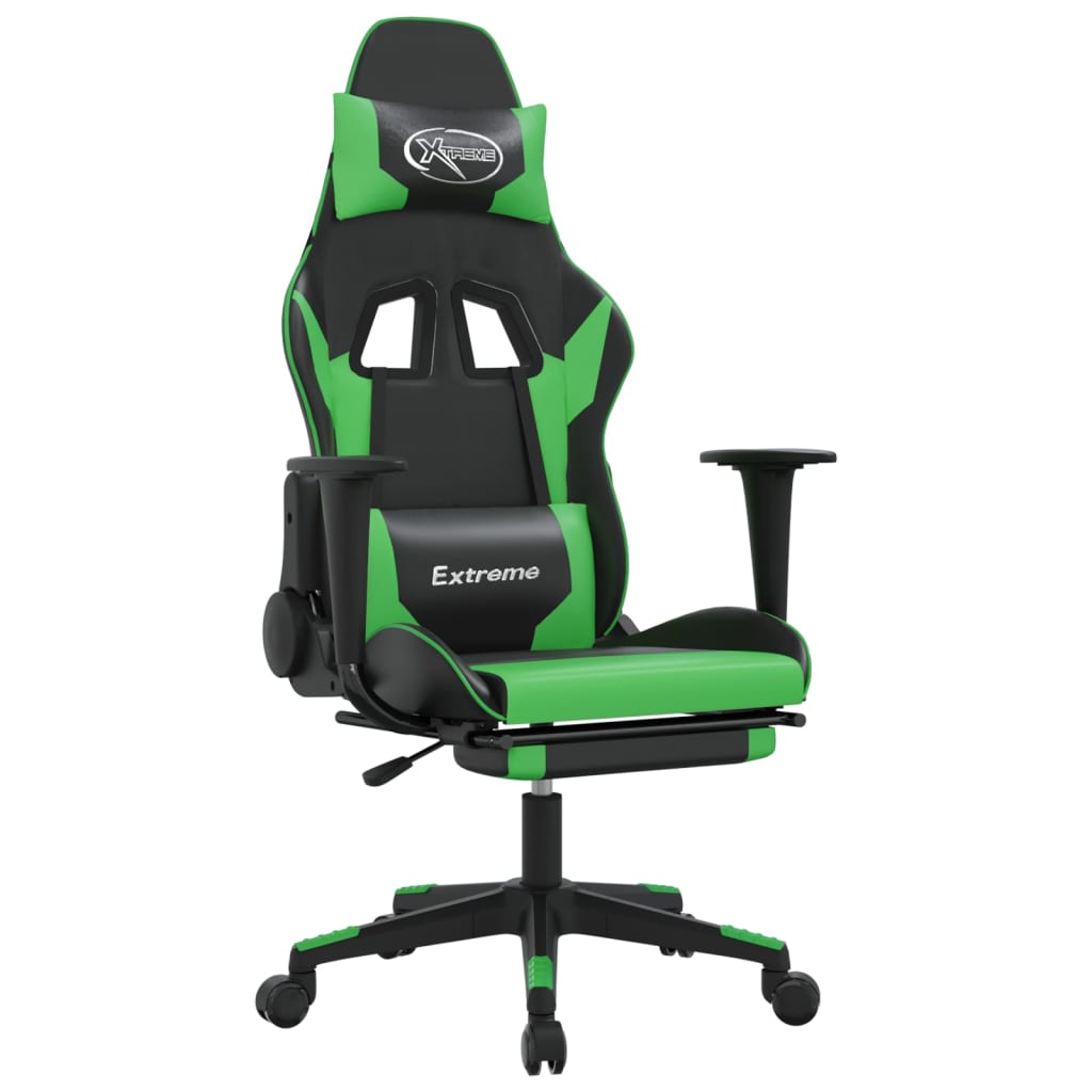 vidaXL Silla gaming con reposapiés cuero sintético negro verde