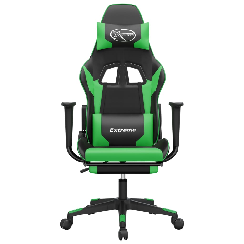 vidaXL Silla gaming con reposapiés cuero sintético negro verde