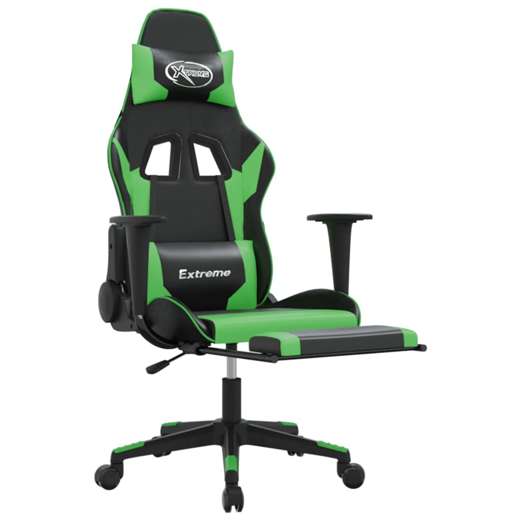 vidaXL Silla gaming con reposapiés cuero sintético negro verde