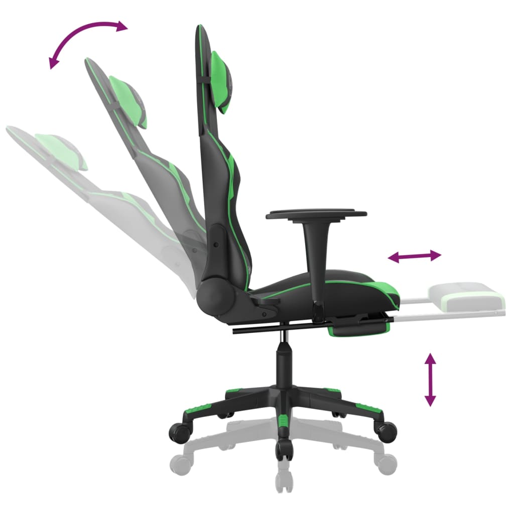 vidaXL Silla gaming con reposapiés cuero sintético negro verde