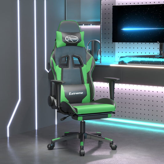 vidaXL Silla gaming con reposapiés cuero sintético negro verde