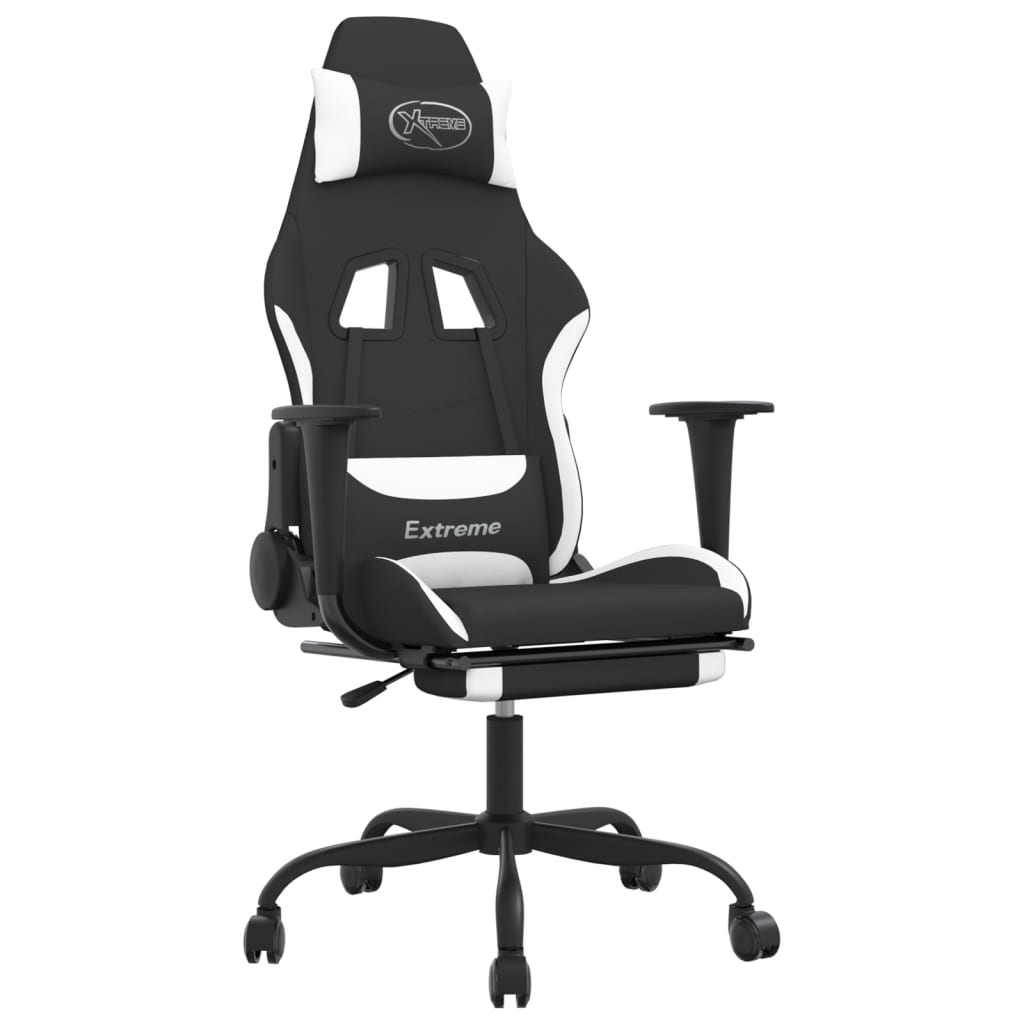 vidaXL Silla gaming con reposapiés tela negro y blanco